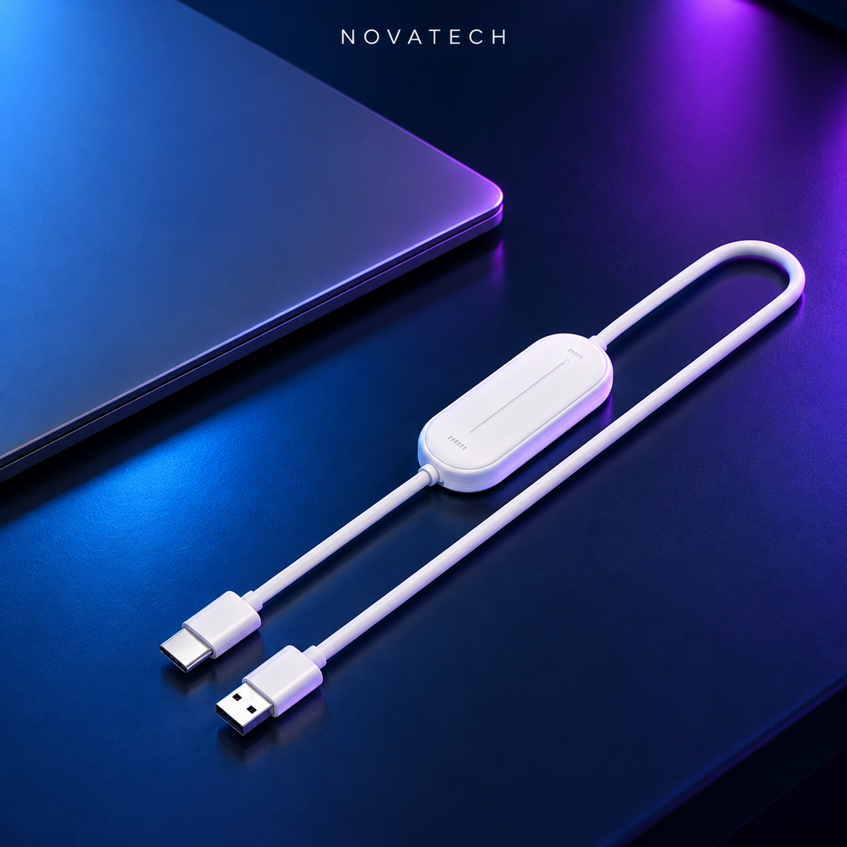 NovaCast white display receiver in NovaTech blue and purple desk setting