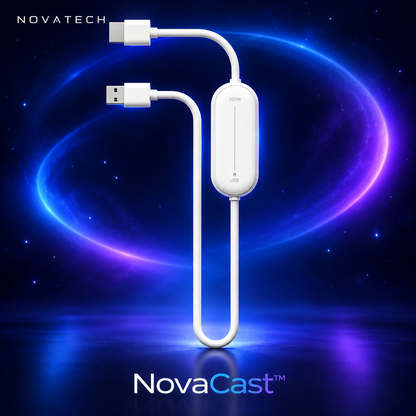 NovaCast white display receiver in NovaTech blue and purple branded product image